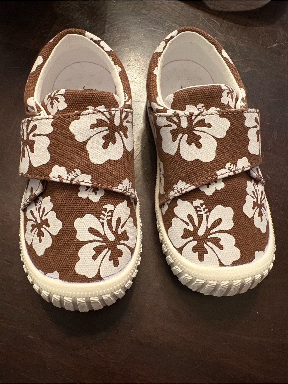 Kids Brown Canvas Slip-On Sneakers with White Floral Print